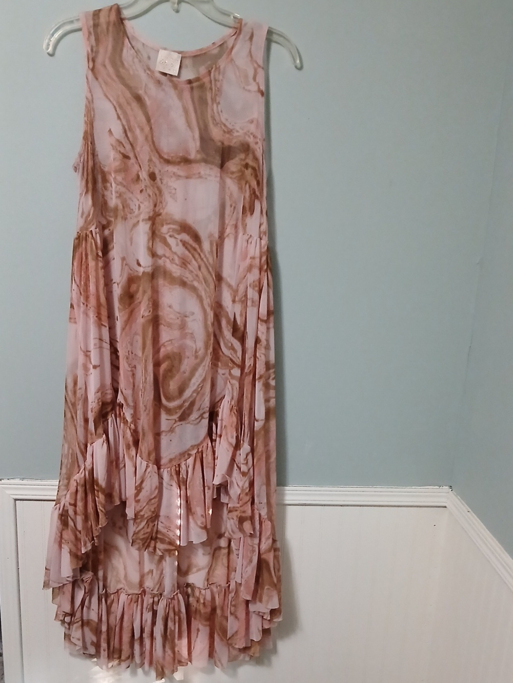 ZADIE B'S Sleeveless Mesh Pink Marble Print Ruffle Hem Tunic